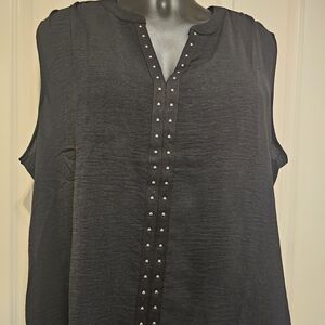 NWT Mixed Media Black Sleeveless Blouse with Gold Stud Accents